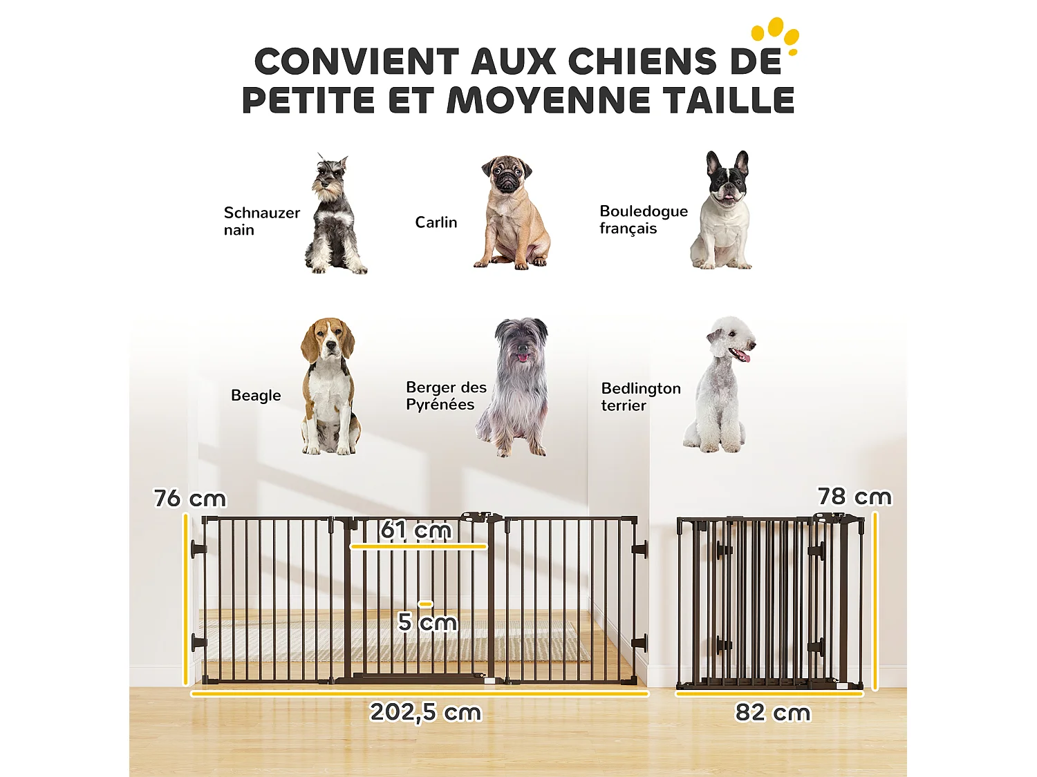 Barrière de sécurité chien pliable modulable 3 panneaux une porte dim. max. L.202,5 x H.76 cm - acier noir