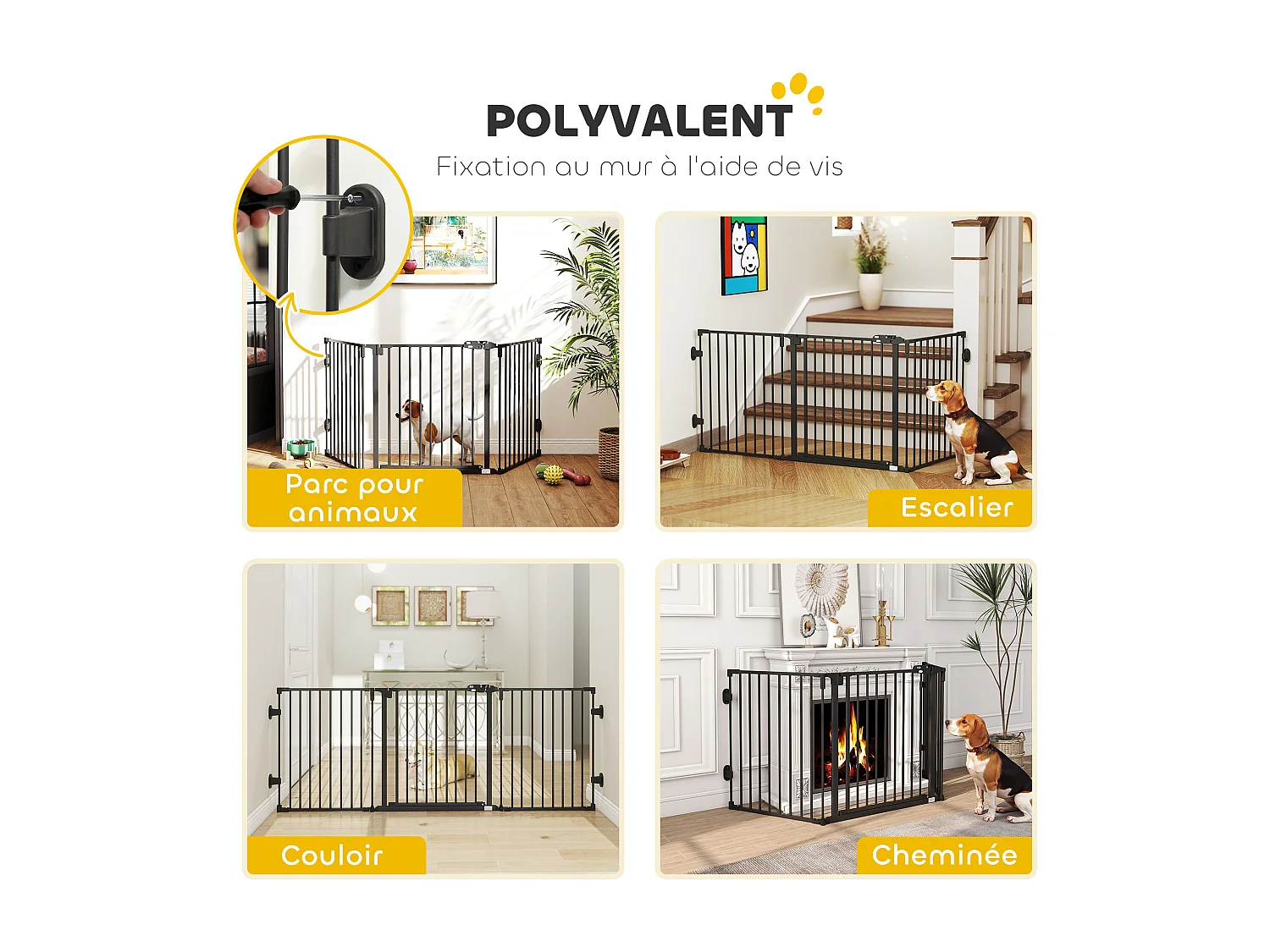 Barrière de sécurité chien pliable modulable 3 panneaux une porte dim. max. L.202,5 x H.76 cm - acier noir