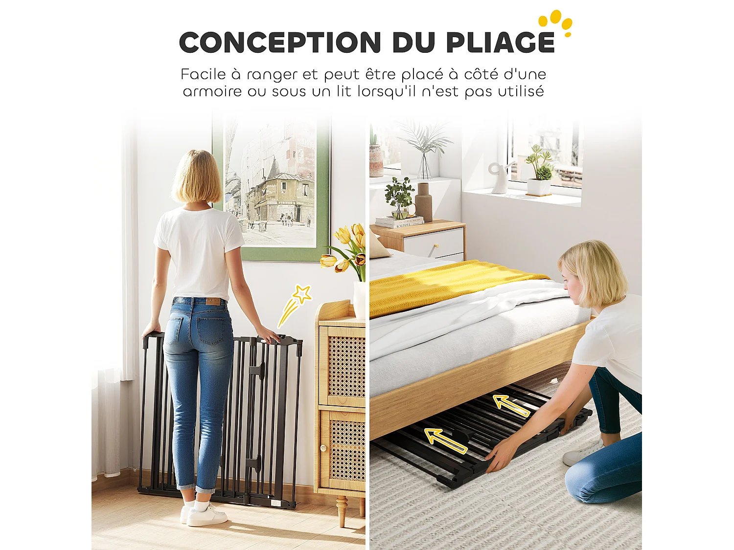 Barrière de sécurité chien pliable modulable 3 panneaux une porte dim. max. L.202,5 x H.76 cm - acier noir