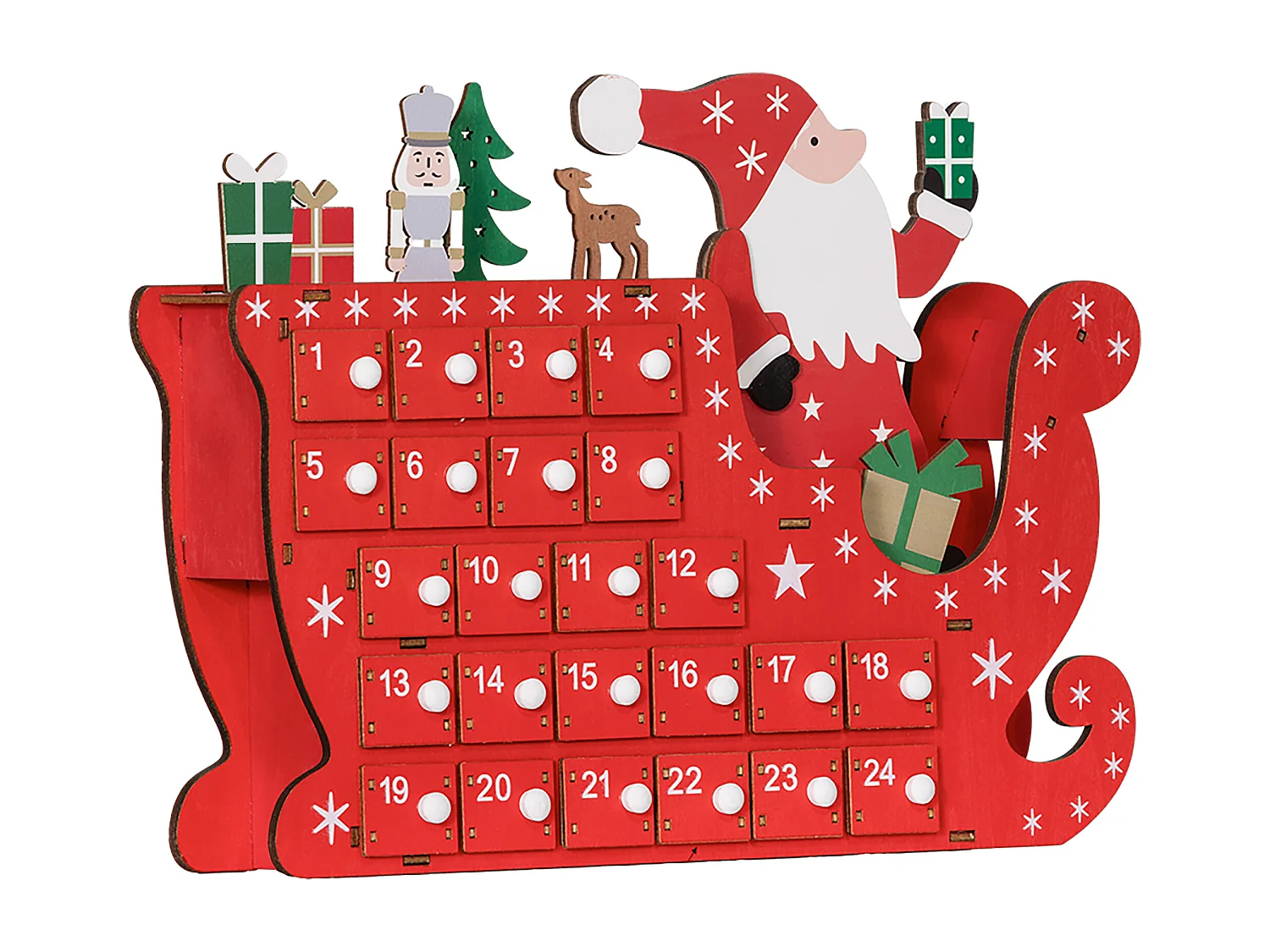 Calendrier de l'Avent en bois traineau - 24 tiroirs - décoration de Noël - blanc rouge