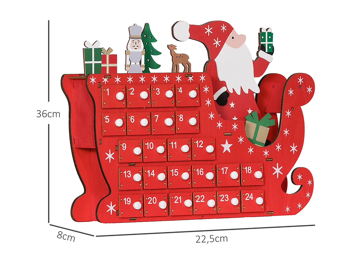 Calendrier de l'Avent en bois traineau - 24 tiroirs - décoration de Noël - blanc rouge