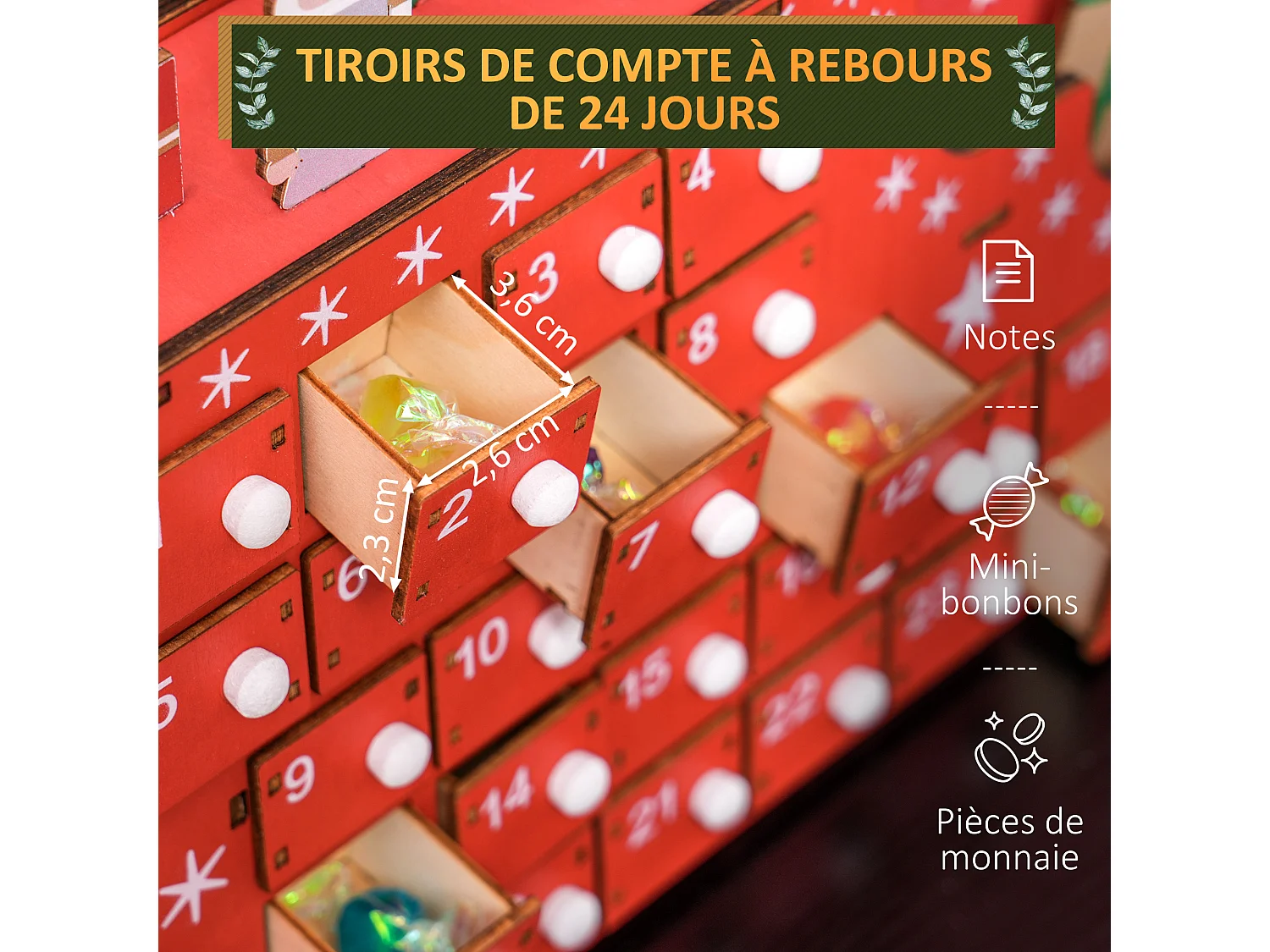 Calendrier de l'Avent en bois traineau - 24 tiroirs - décoration de Noël - blanc rouge