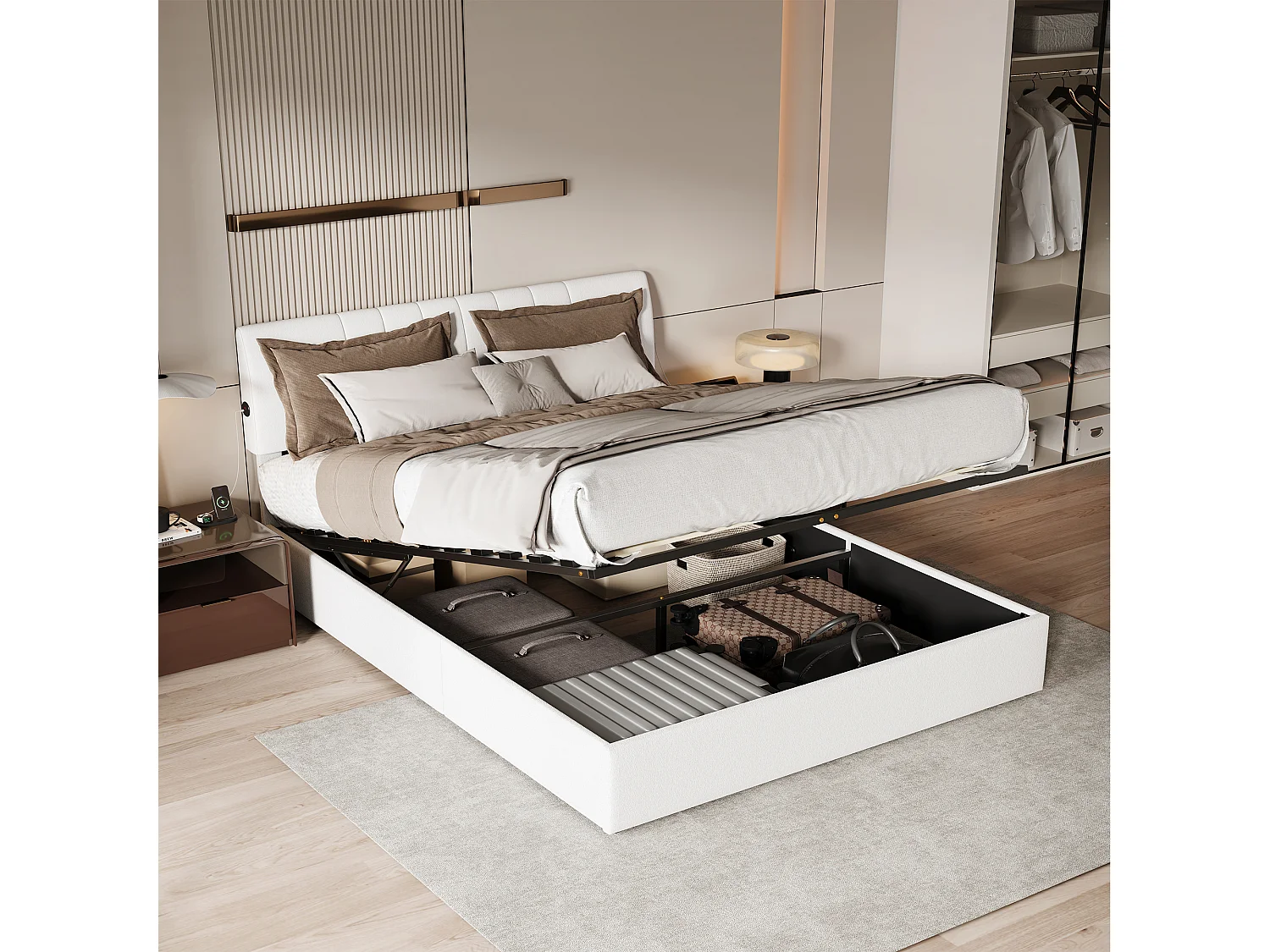 Lit double 140x200cm, avec rangement hydraulique, tête de lit avec ports USB, tête de lit réglable en hauteur, matelas recouvert de polaire douce, couleur crème