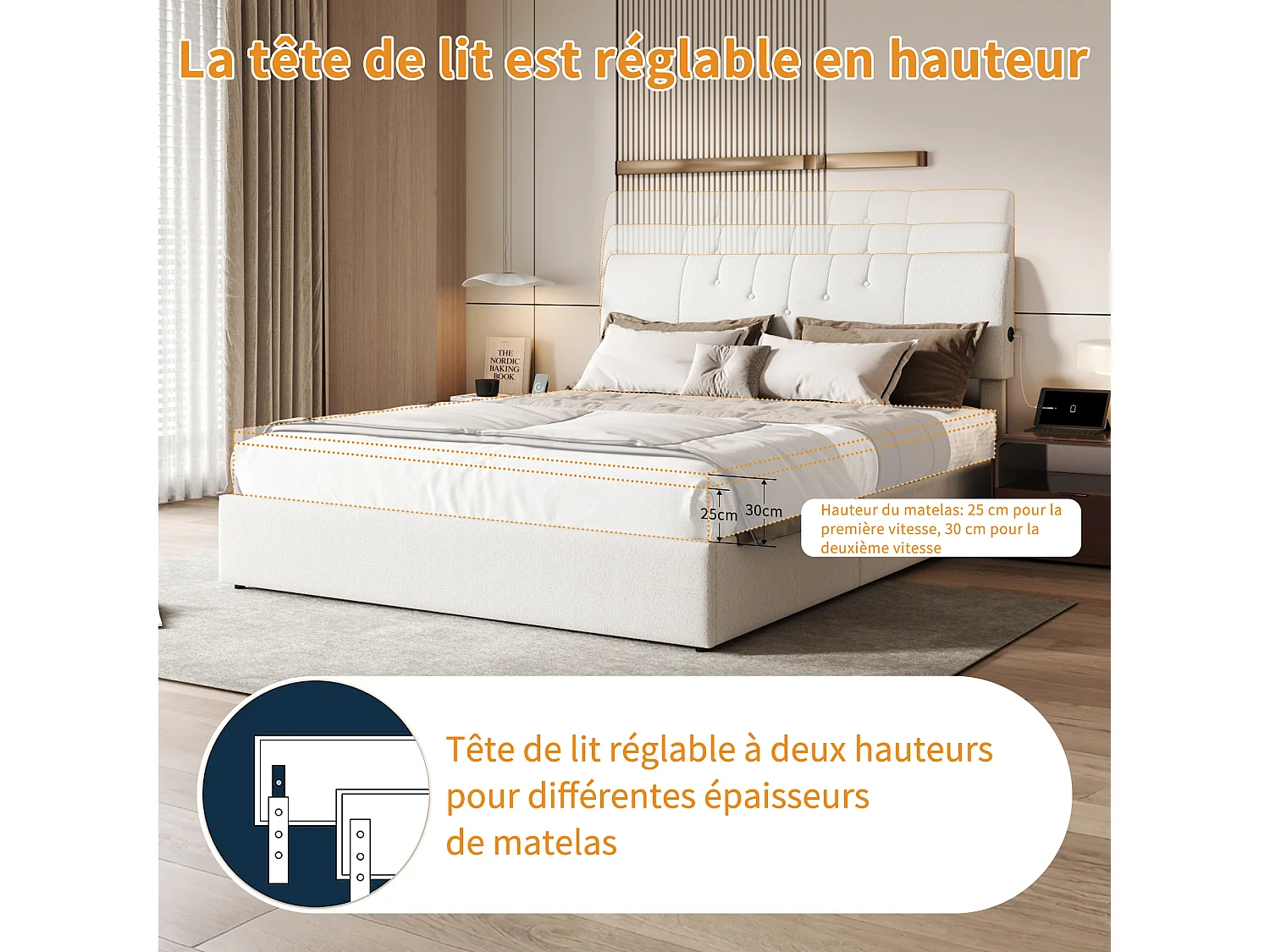 Lit double 140x200cm, avec rangement hydraulique, tête de lit avec ports USB, tête de lit réglable en hauteur, matelas recouvert de polaire douce, couleur crème