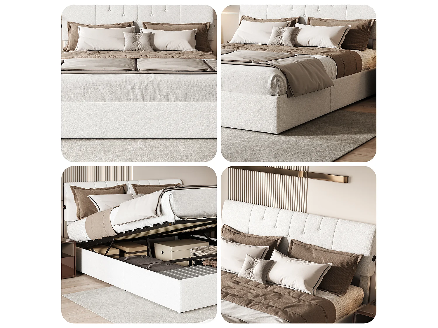Lit double 140x200cm, avec rangement hydraulique, tête de lit avec ports USB, tête de lit réglable en hauteur, matelas recouvert de polaire douce, couleur crème