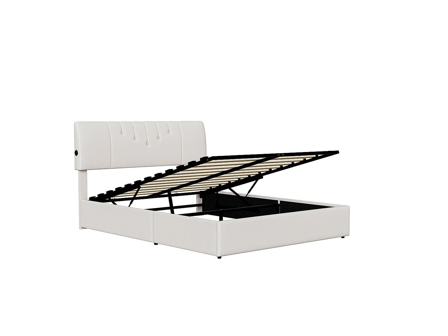 Lit double 140x200cm, avec rangement hydraulique, tête de lit avec ports USB, tête de lit réglable en hauteur, matelas recouvert de polaire douce, couleur crème