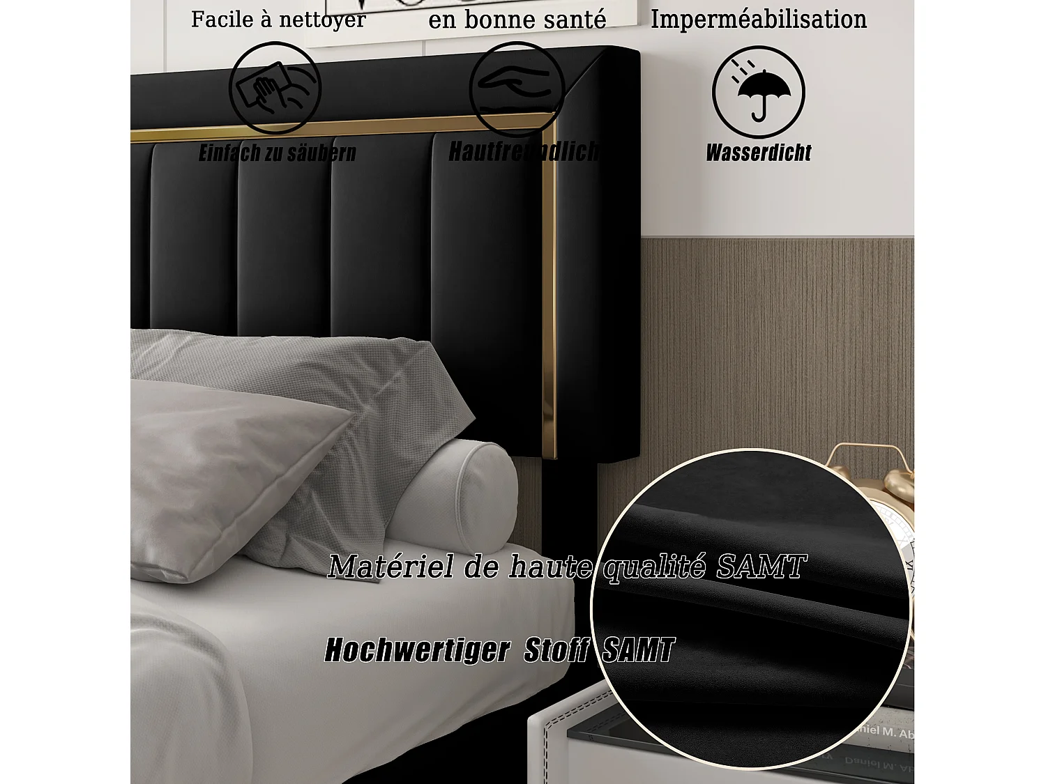 Gestoffeerd bed 140 x 200 cm, tweepersoonsbed met gasveer, opbergruimte en lattenbodem, opbergbed, fluweel, zwart