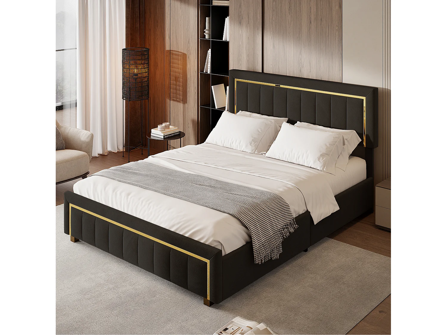 Gestoffeerd bed 140 x 200 cm, tweepersoonsbed met gasveer, opbergruimte en lattenbodem, opbergbed, fluweel, zwart