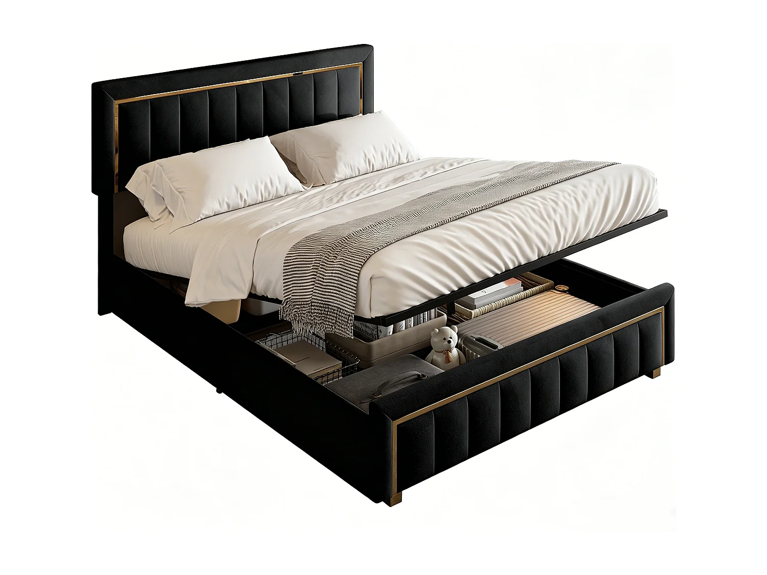 Gestoffeerd bed 140 x 200 cm, tweepersoonsbed met gasveer, opbergruimte en lattenbodem, opbergbed, fluweel, zwart