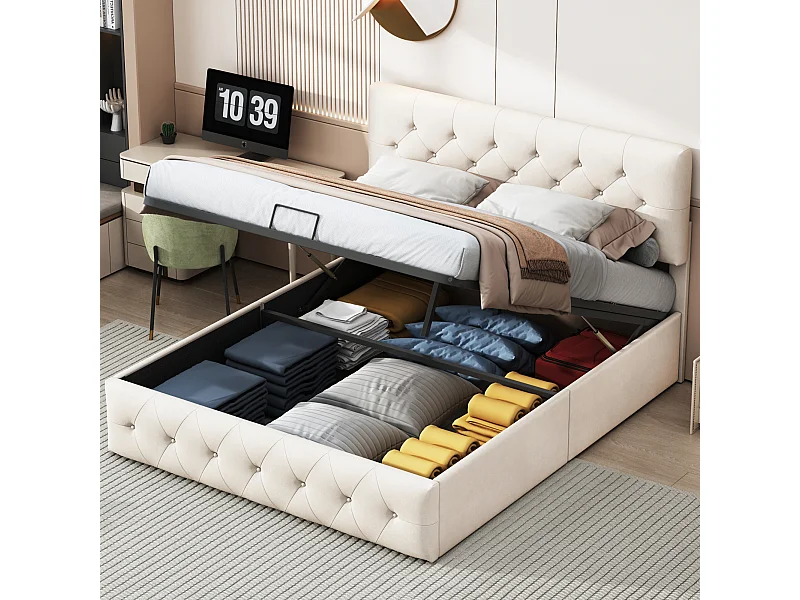 Lit rembourré 160x200 cm, cadre de lit double avec ressort à gaz, rangement et sommier à lattes, tête de lit réglable en hauteur, velours, beige