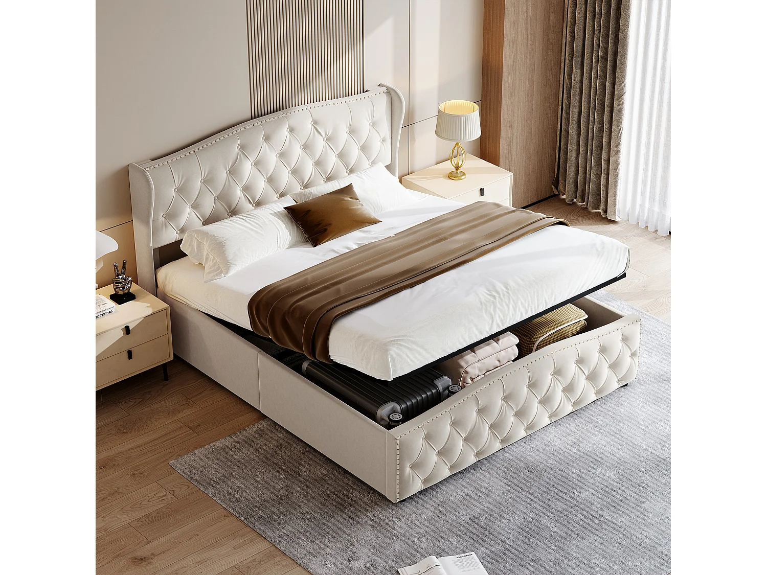 Lit tapissé 140x200 cm, lit coffre hydraulique avec rangement et sommier à lattes, cadre de lit double avec tête de lit,velours, beige