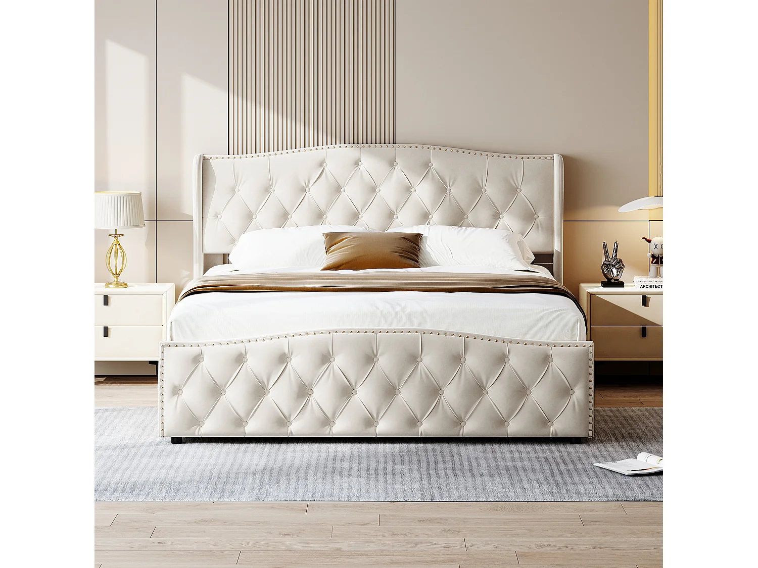 Lit tapissé 140x200 cm, lit coffre hydraulique avec rangement et sommier à lattes, cadre de lit double avec tête de lit,velours, beige