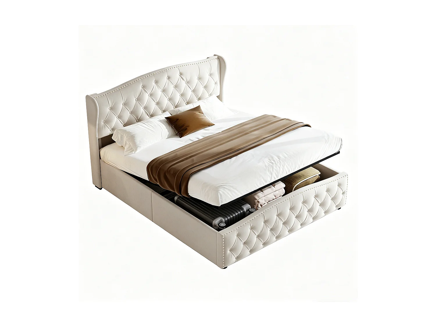 Cama estofada 140x200 cm, cama hidráulica com arrumação e estrado de ripas, estrutura de cama de casal com cabeceira, veludo, bege