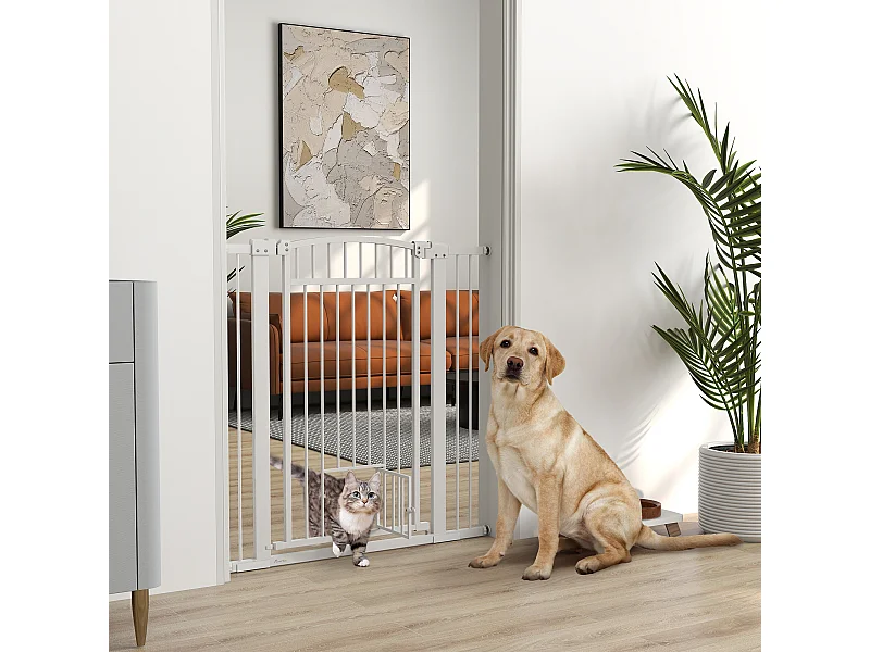 Barrière de sécurite chien extensible L.76-104 cm double verrouillage montage pression ou perçage blanc