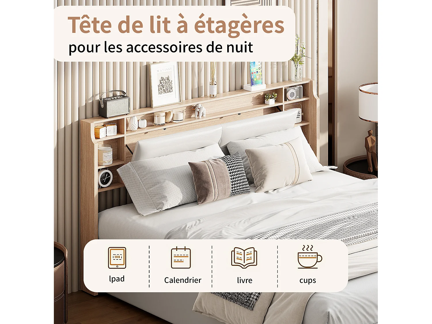 Lit rembourré 160 x 200 cm, lit avec rangement, bandeau lumineux, tête de lit avec compartiment de rangement et sommier à lattes, lit coffre hydraulique, blanc