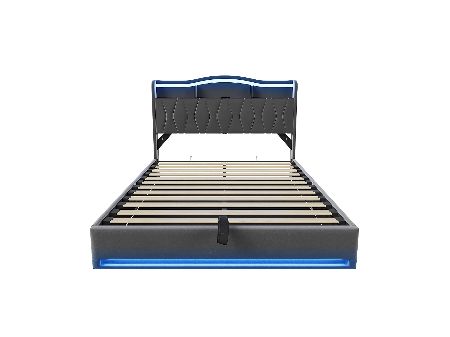 Gestoffeerd bed 160 x 200 cm, bed met opbergruimte, lichtstrip, hoofdbord met opbergvak en lattenbodem, hydraulisch opbergbed, wit