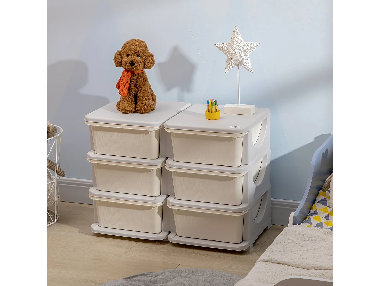 Organisateur de jouets enfant 6 tiroirs 3 niveaux gris clair crème