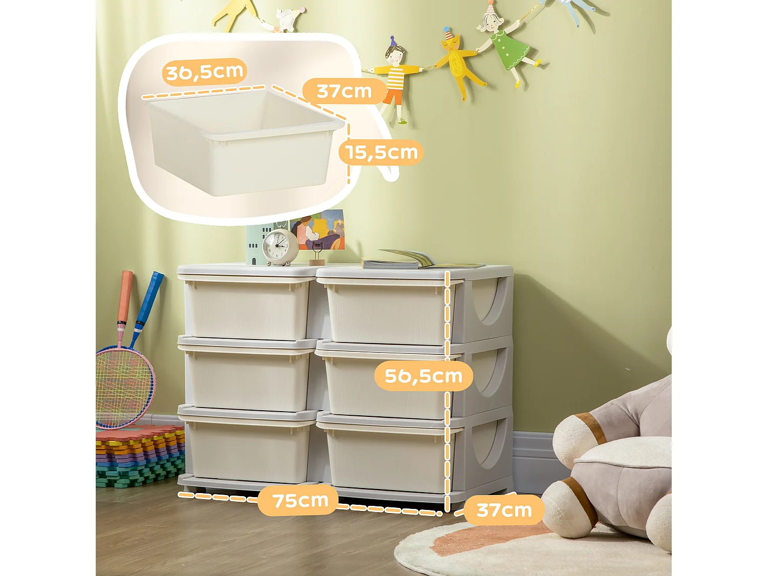 Organisateur de jouets enfant 6 tiroirs 3 niveaux gris clair crème