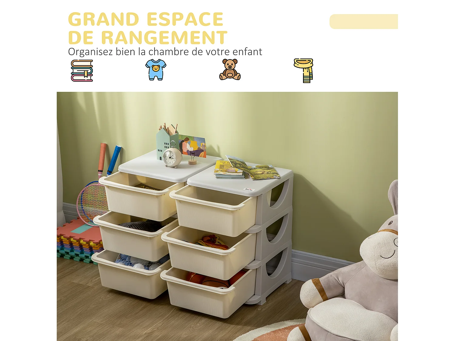 Organisateur de jouets enfant 6 tiroirs 3 niveaux gris clair crème