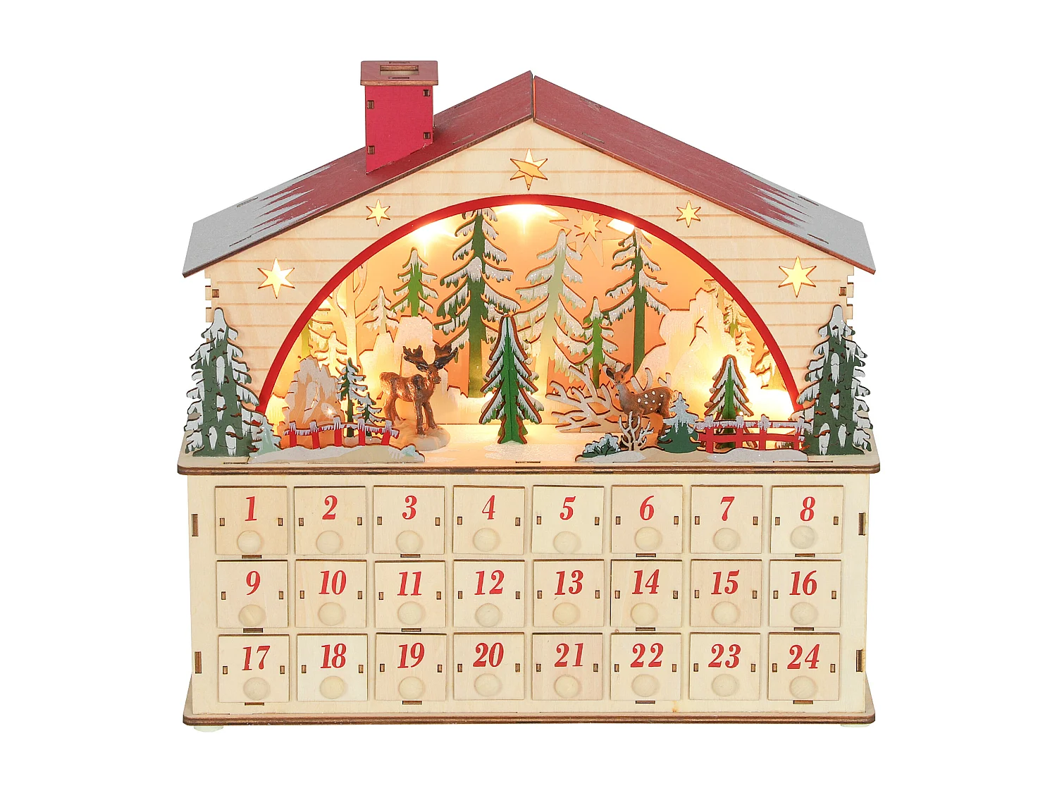 Calendrier de l'Avent LED en bois forme maison scène fôret enneigée avec rennes - 24 tiroirs - rouge naturel