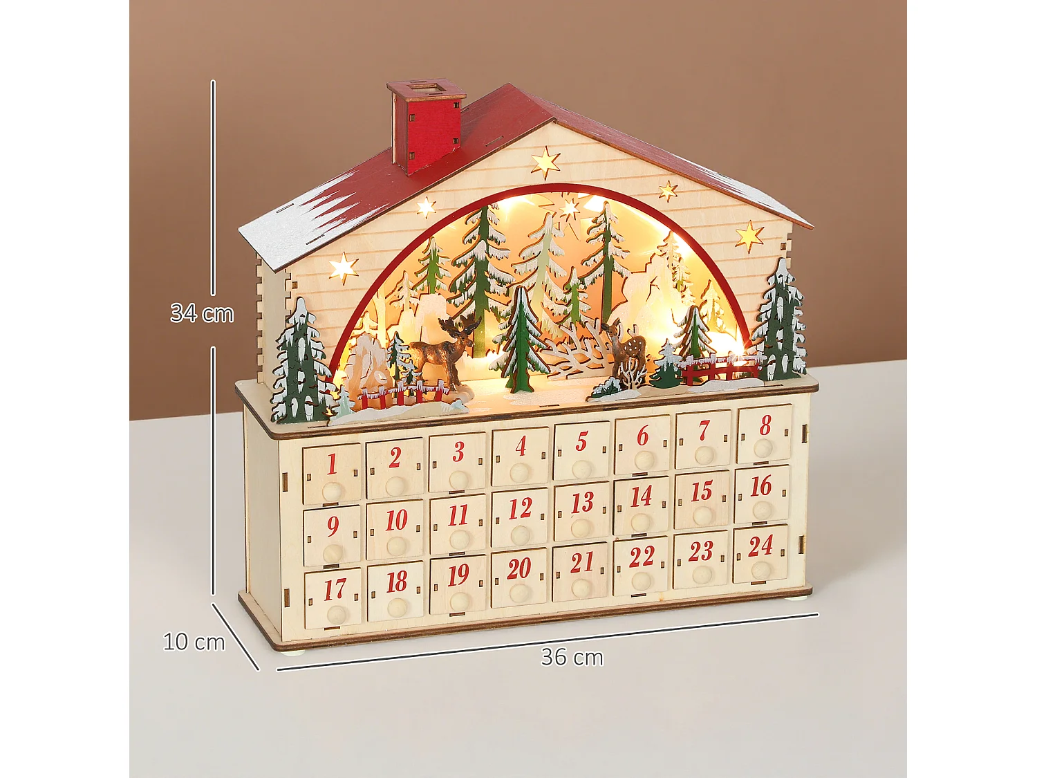 Calendrier de l'Avent LED en bois forme maison scène fôret enneigée avec rennes - 24 tiroirs - rouge naturel