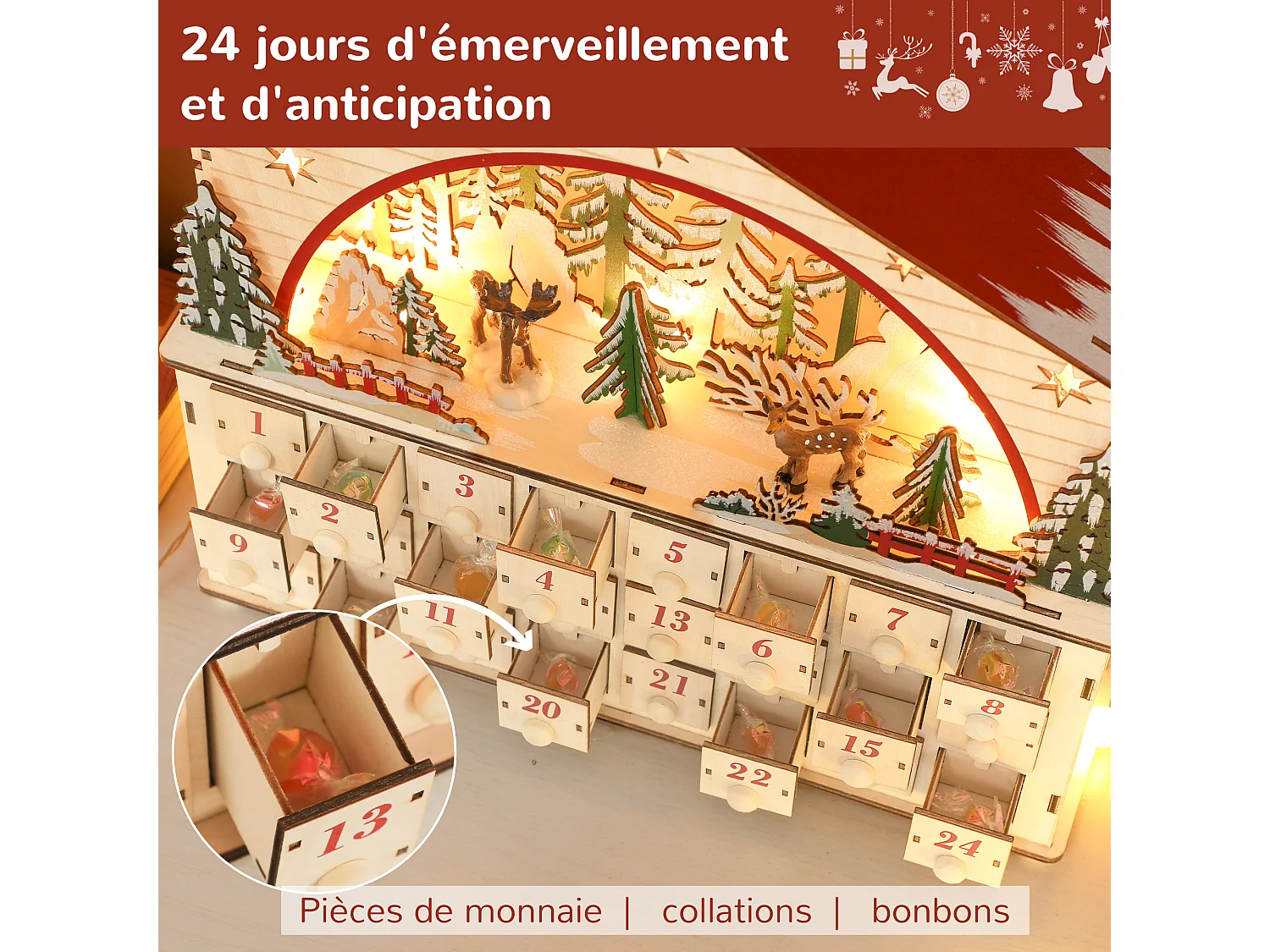 Calendrier de l'Avent LED en bois forme maison scène fôret enneigée avec rennes - 24 tiroirs - rouge naturel