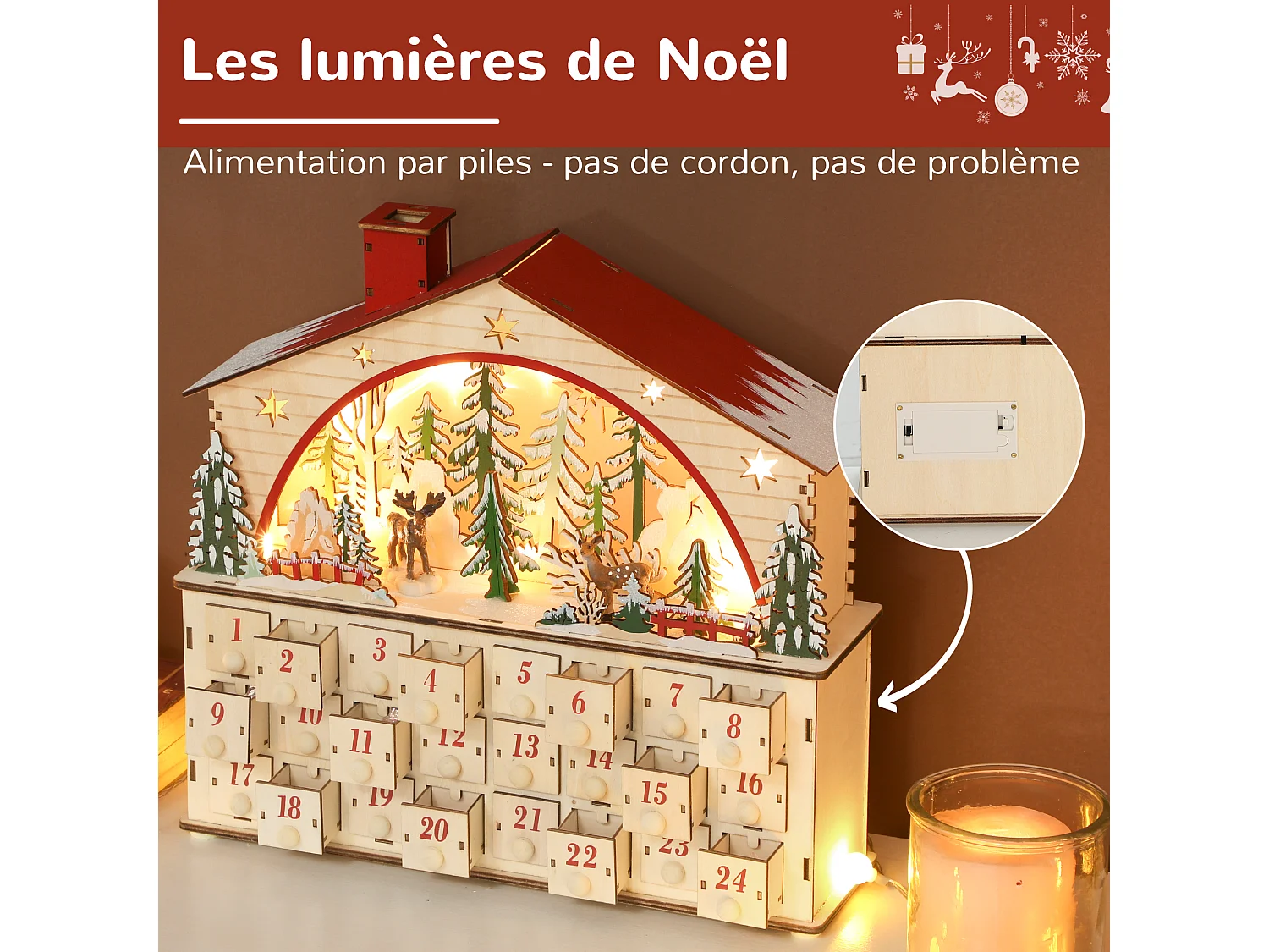 Calendrier de l'Avent LED en bois forme maison scène fôret enneigée avec rennes - 24 tiroirs - rouge naturel