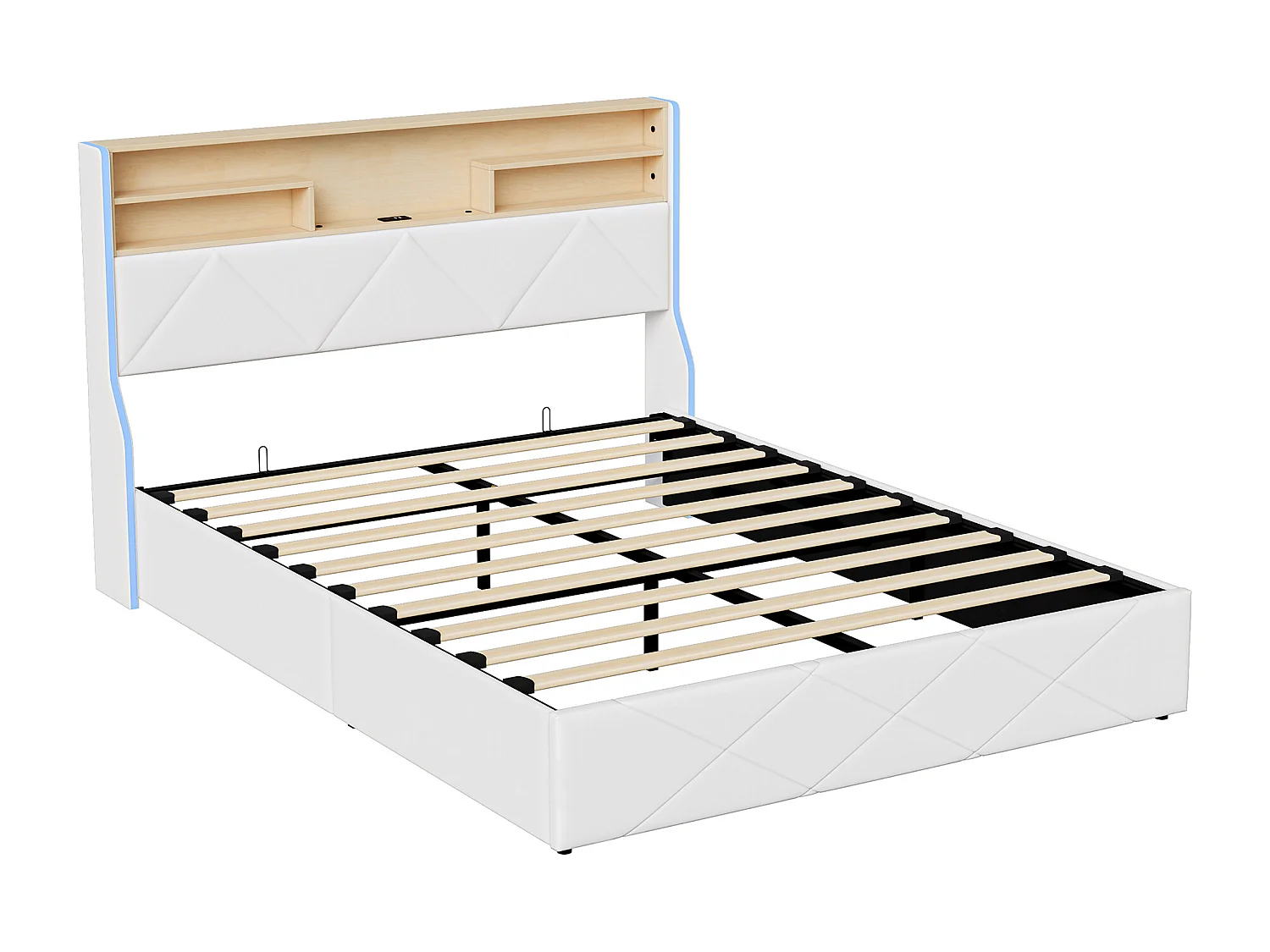 Lit double 160 x 200 cm, avec rangement hydraulique, tête de lit avec port USB et bandes LED latérales, lit coffre,PU, ​​blanc