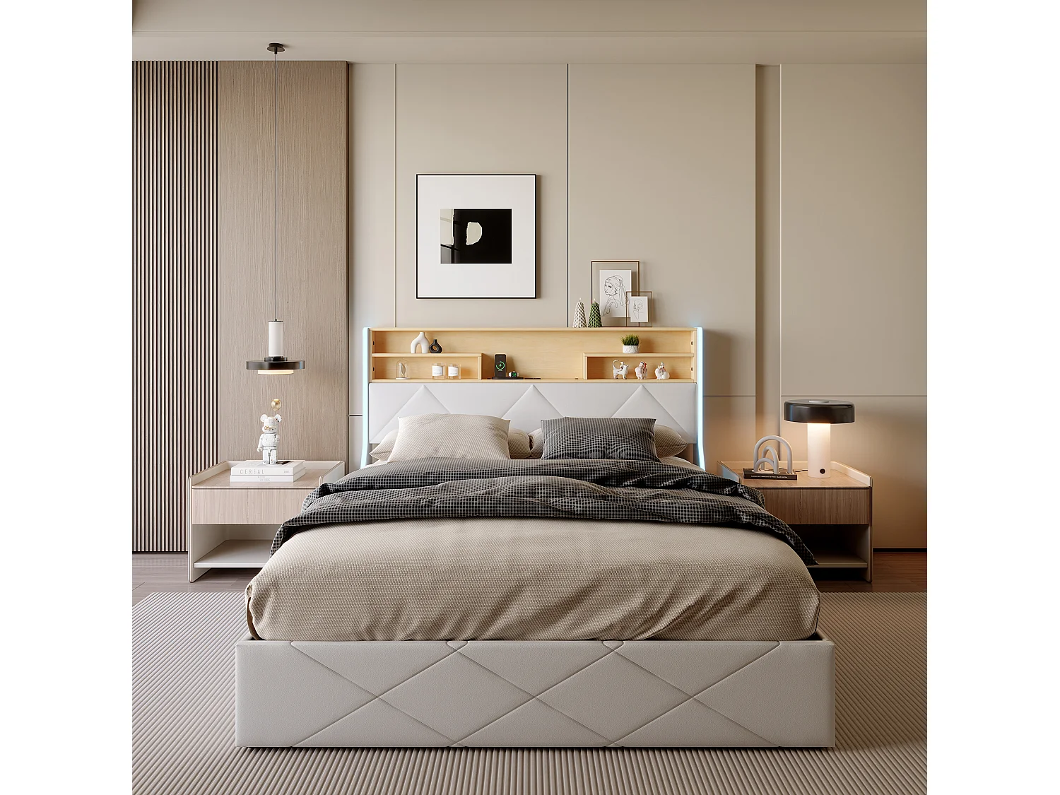 Cama doble 160x200 cm, con canapé hidráulico, cabecero con puerto USB y tiras LED laterales, canapé abatible, PU, ​​color blanco