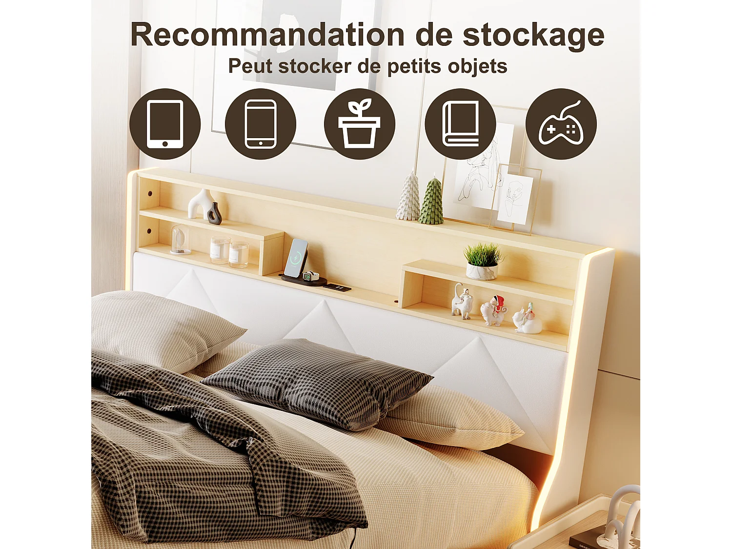 Cama doble 160x200 cm, con canapé hidráulico, cabecero con puerto USB y tiras LED laterales, canapé abatible, PU, ​​color blanco