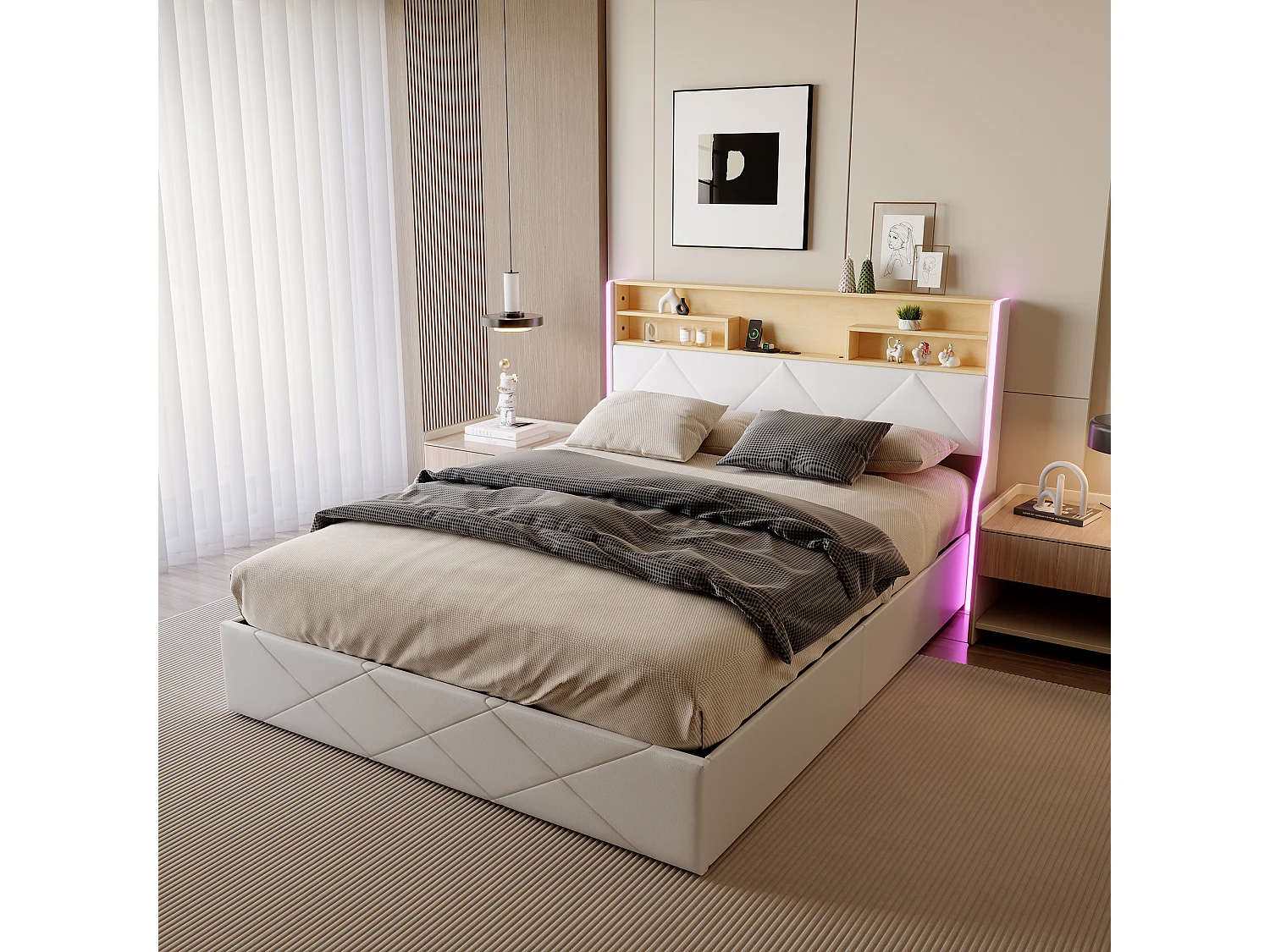 Cama doble 160x200 cm, con canapé hidráulico, cabecero con puerto USB y tiras LED laterales, canapé abatible, PU, ​​color blanco