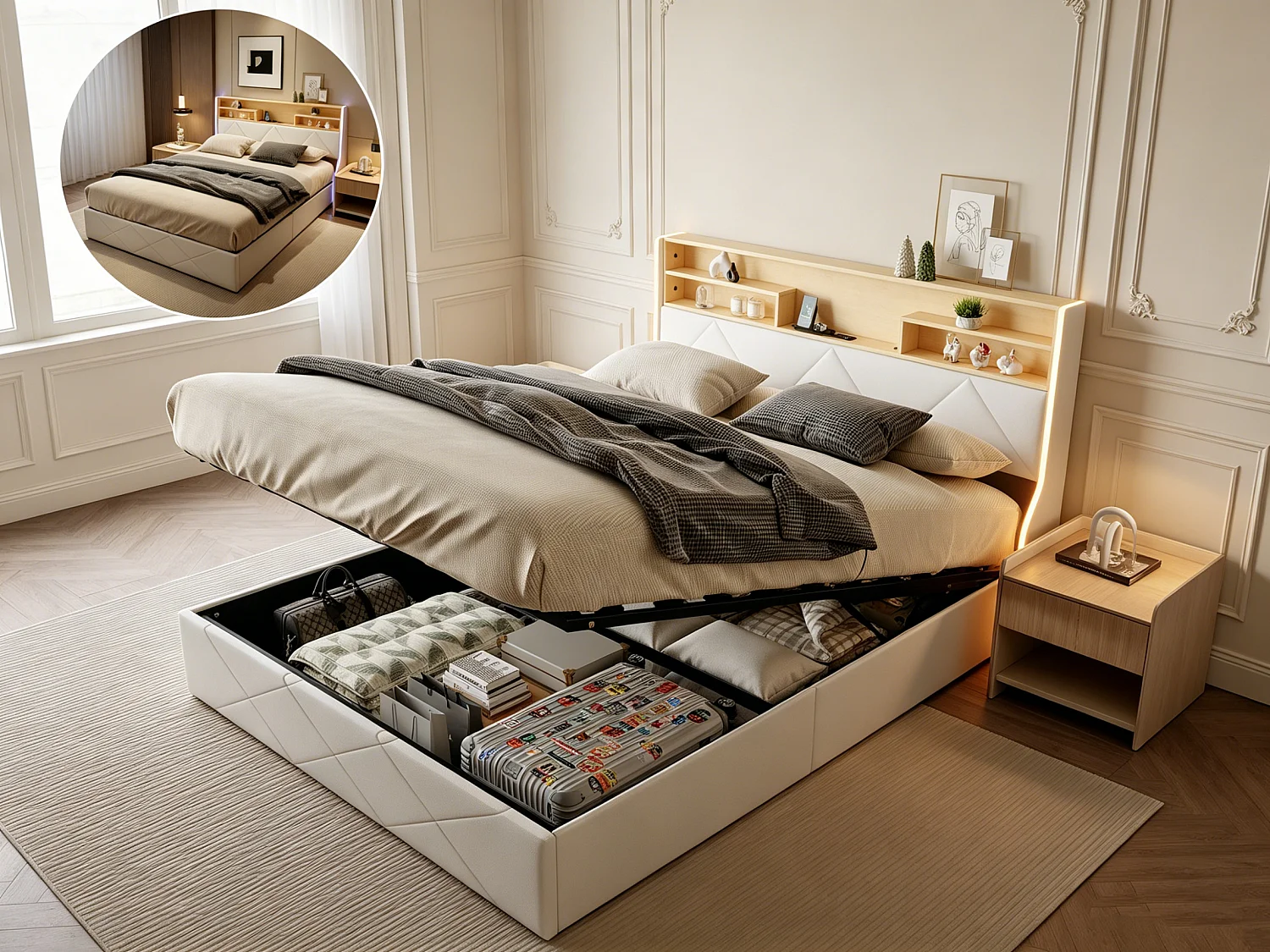Tweepersoonsbed 160 x 200 cm, met hydraulische opbergruimte, hoofdeinde met USB-poort en LED-strips aan de zijkant, opbergbed, PU, ​​wit