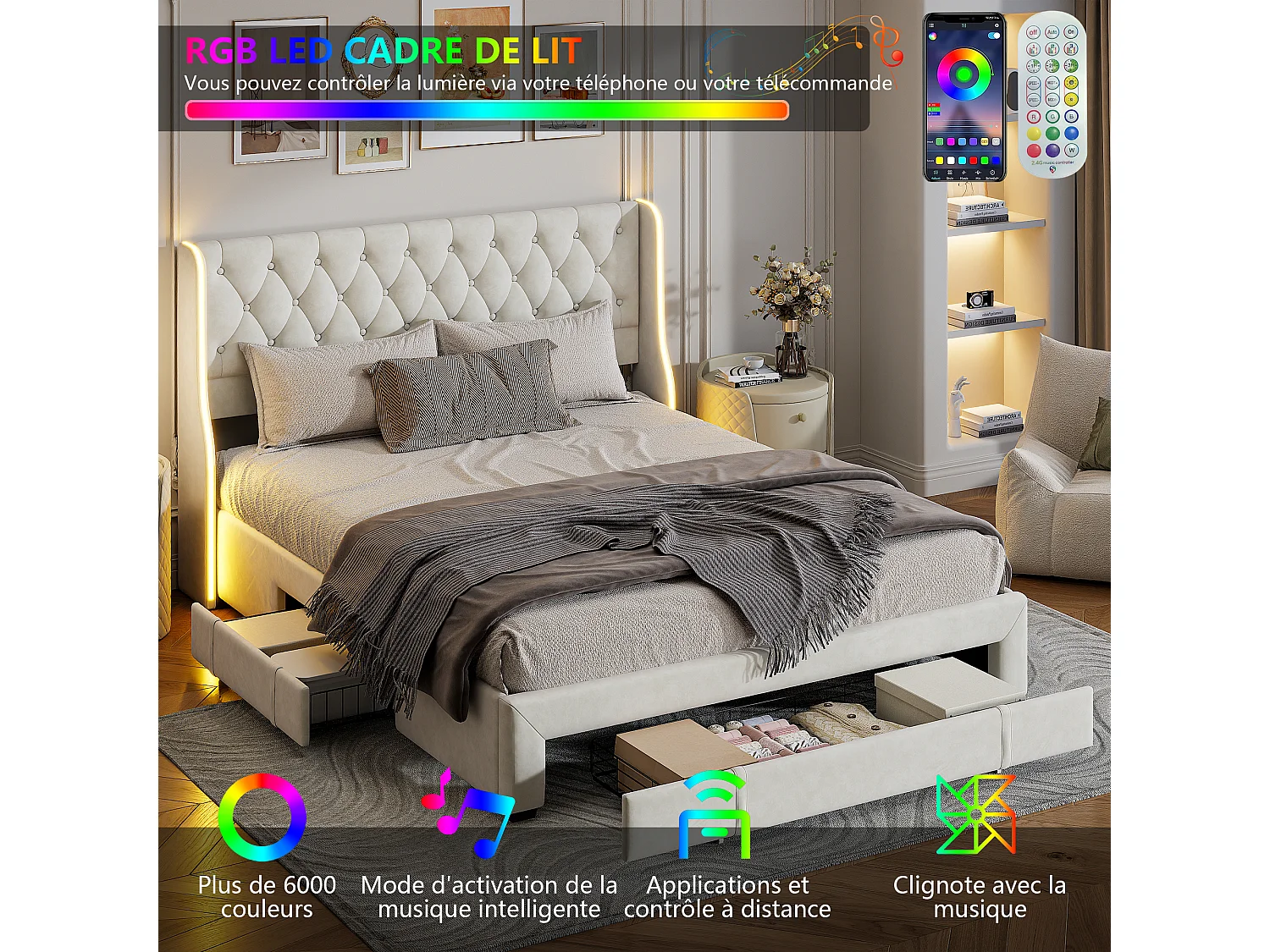 Gestoffeerd bed 160x200 cm, tweepersoonsbed met geïntegreerde ledverlichting, bed met hoofdbord en lattenbodem, opbergbed met 3 lades, fluweel, beige