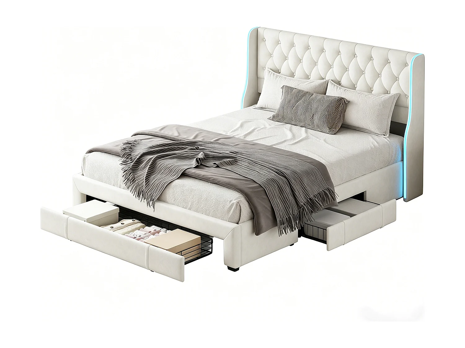 Gestoffeerd bed 160x200 cm, tweepersoonsbed met geïntegreerde ledverlichting, bed met hoofdbord en lattenbodem, opbergbed met 3 lades, fluweel, beige