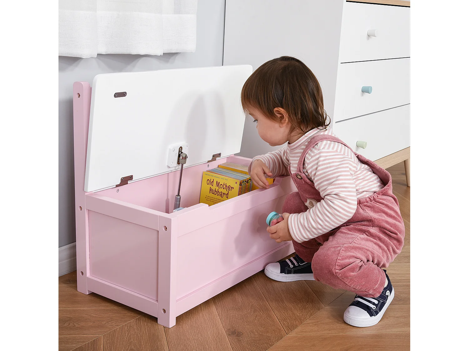 Banc coffre à jouet 2 en 1 style girly bicolore rose blanc dim. 60 x 30 x 50 cm