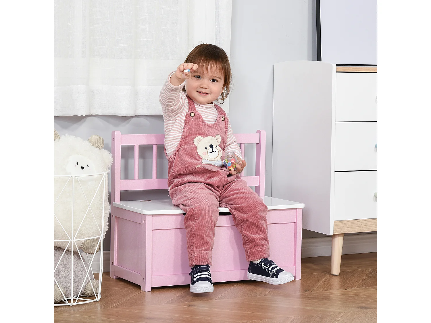 Banc coffre à jouet 2 en 1 style girly bicolore rose blanc dim. 60 x 30 x 50 cm