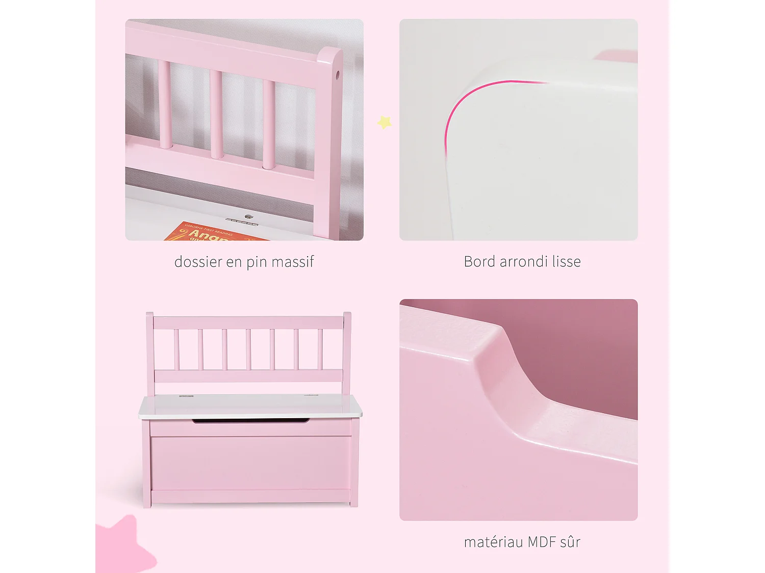 Banc coffre à jouet 2 en 1 style girly bicolore rose blanc dim. 60 x 30 x 50 cm