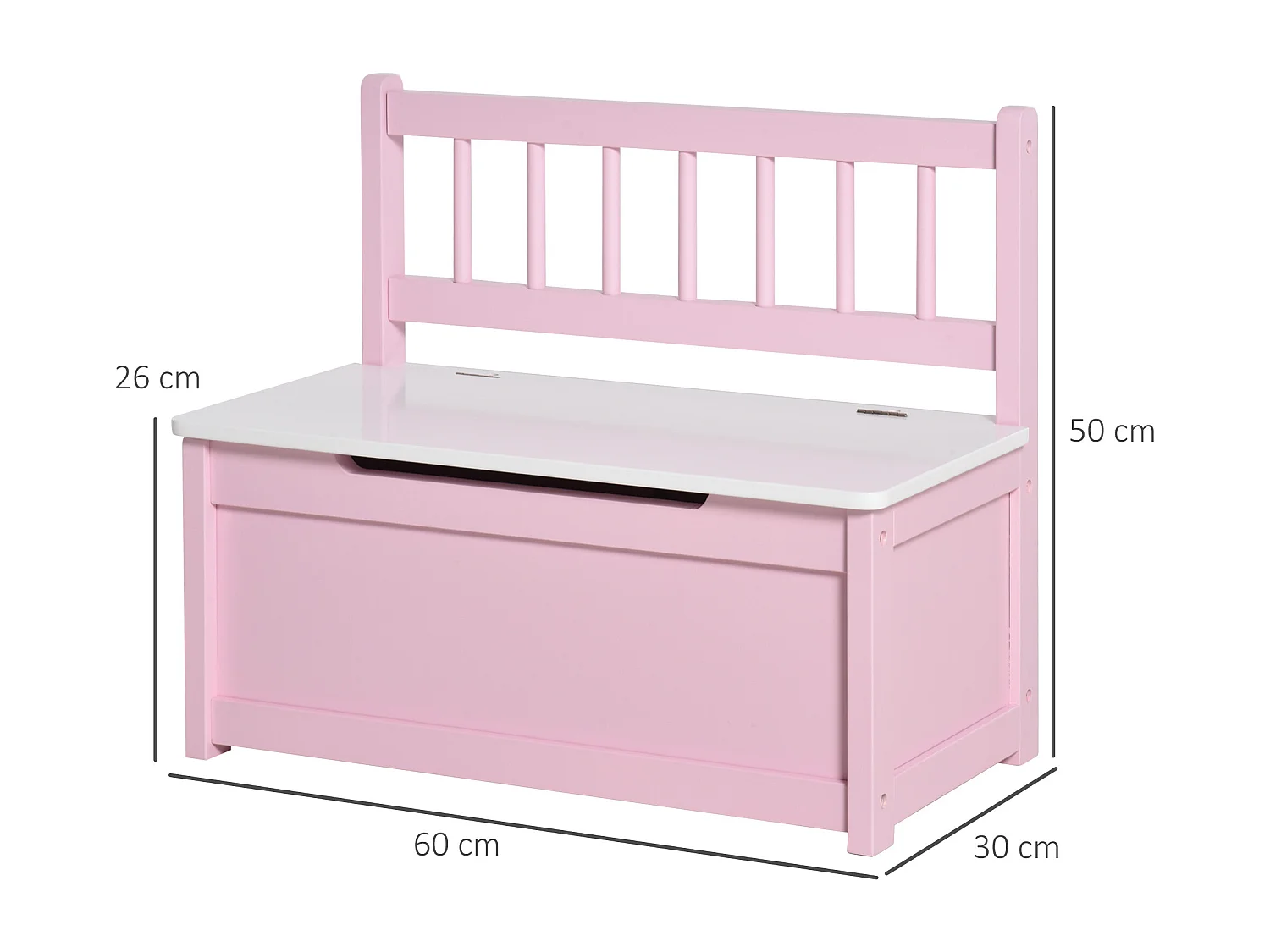Banc coffre à jouet 2 en 1 style girly bicolore rose blanc dim. 60 x 30 x 50 cm