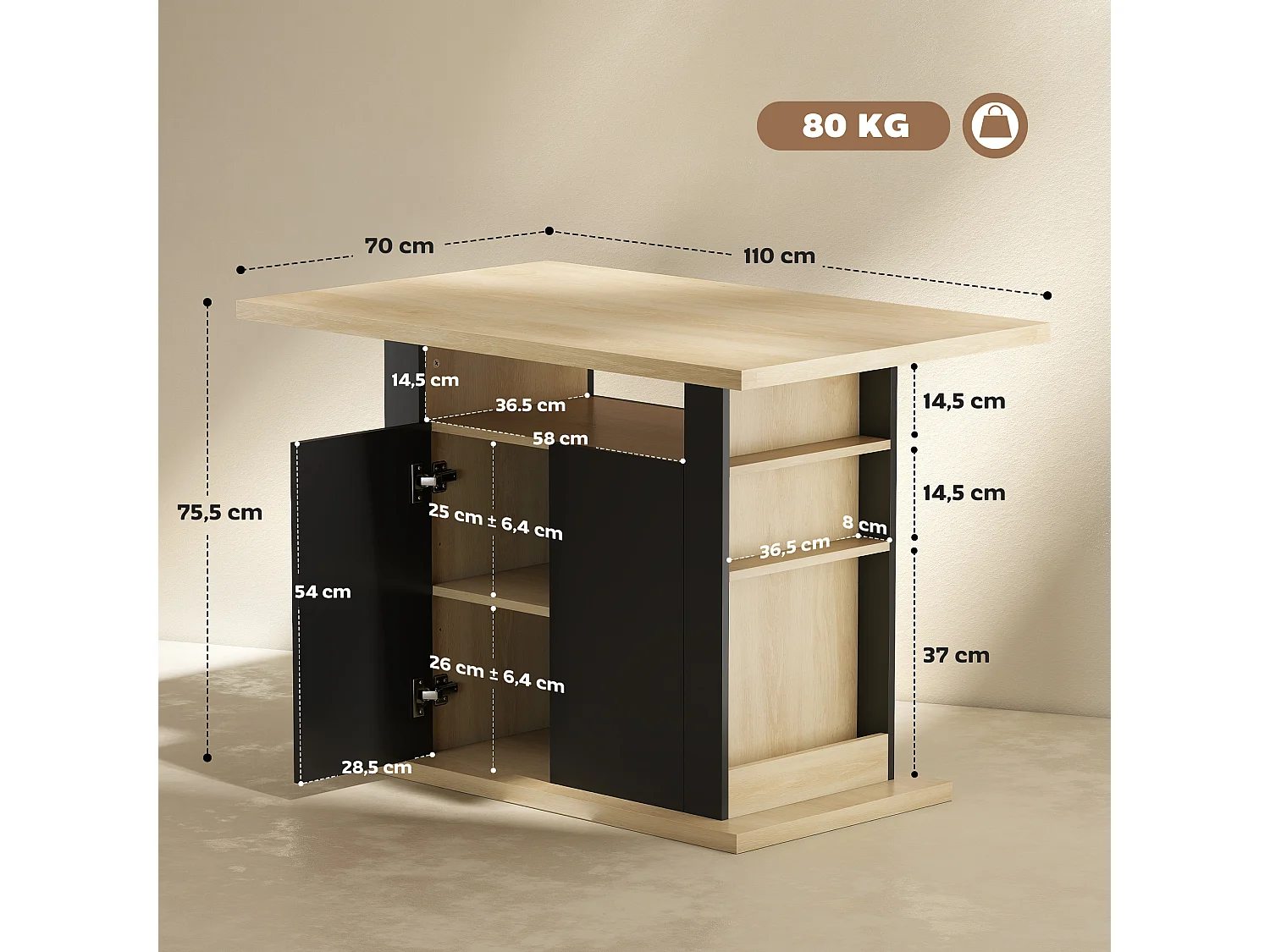 Table à manger ilot central cuisine 4-6 personnes noir naturel