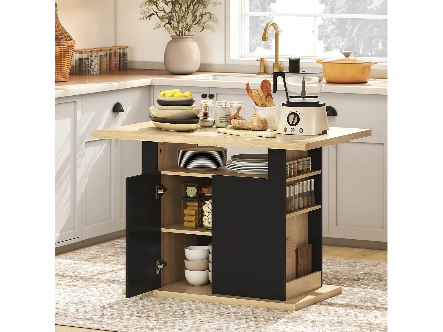 Table à manger ilot central cuisine 4-6 personnes noir naturel