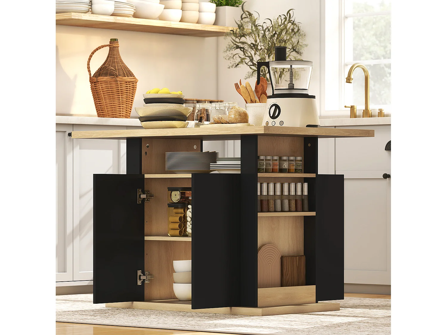 Table à manger ilot central cuisine 4-6 personnes noir naturel