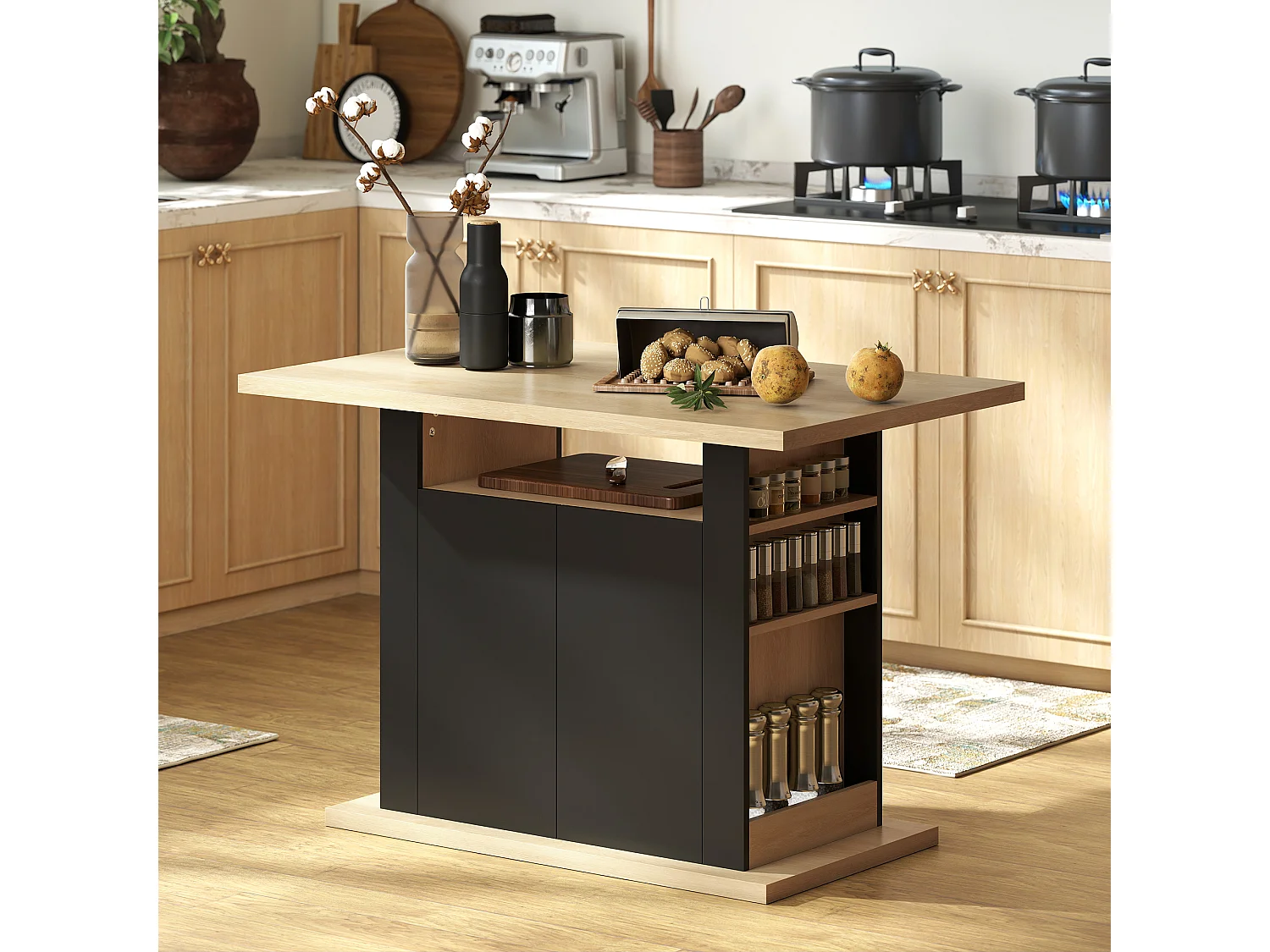 Table à manger ilot central cuisine 4-6 personnes noir naturel