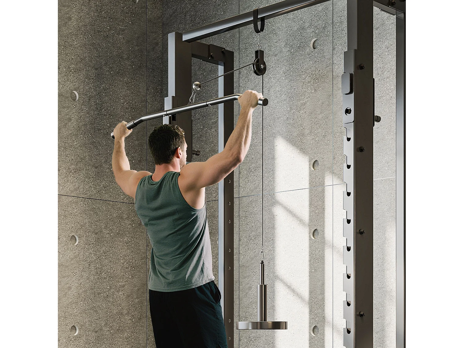 Station de traction murale - machine poulie musculation - LAT pulldown exercices - acier nylon rouge noir