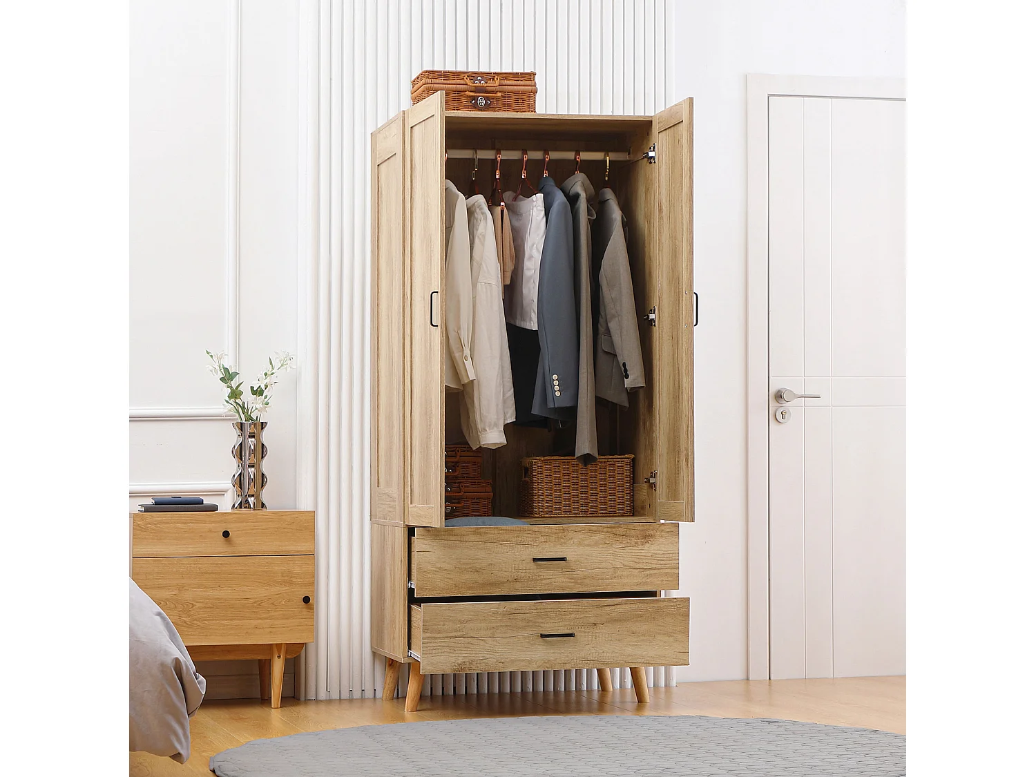 Armoire de rangement design scandinave - armoire de chambre - placard 2 portes avec penderie - 2 tiroirs - aspect chêne clair