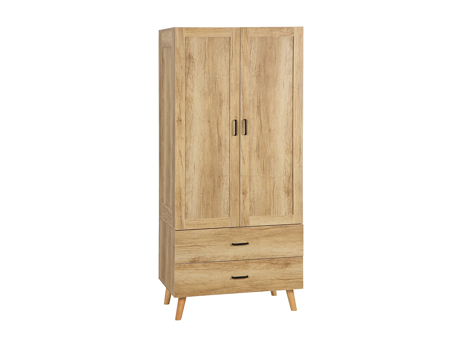 Armoire de rangement design scandinave - armoire de chambre - placard 2 portes avec penderie - 2 tiroirs - aspect chêne clair