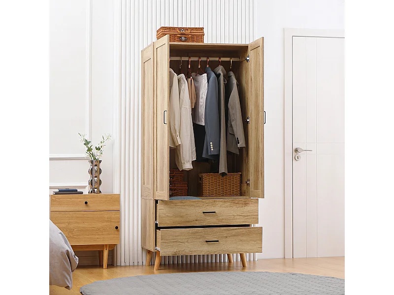 Armoire de rangement design scandinave - armoire de chambre - placard 2 portes avec penderie - 2 tiroirs - aspect chêne clair