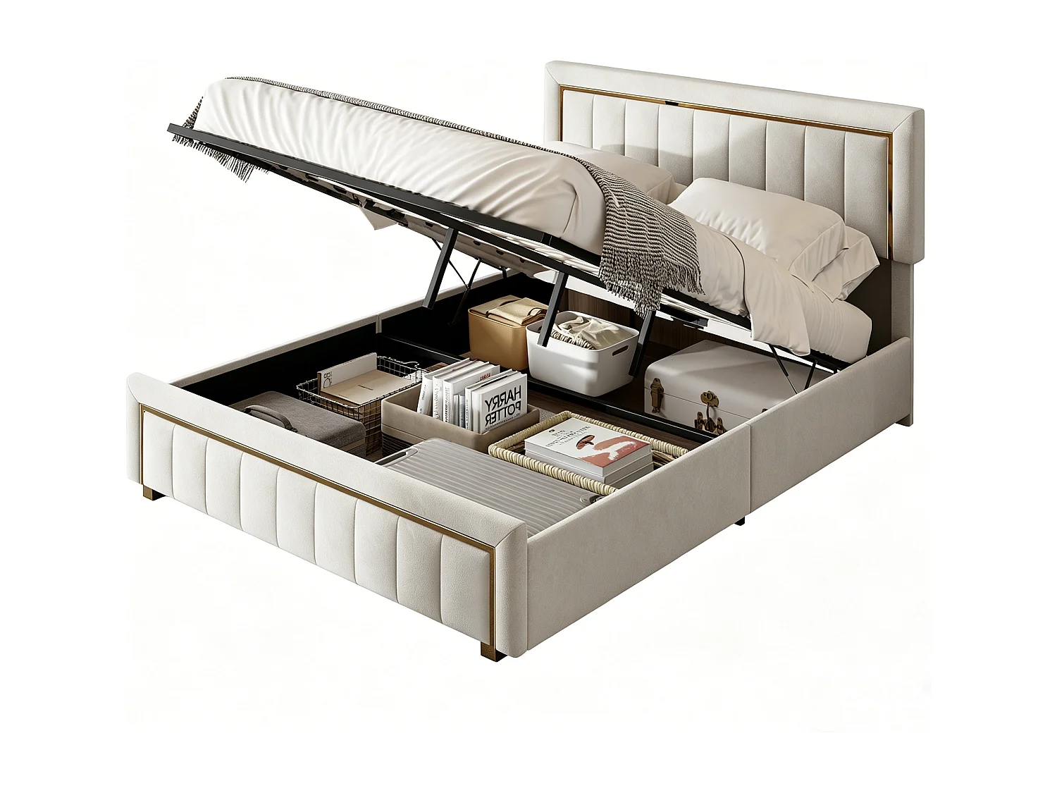 Gestoffeerd bed 140 x 200 cm, tweepersoonsbed met hydraulische opbergruimte en lattenbodem, opbergbed, fluweel, beige