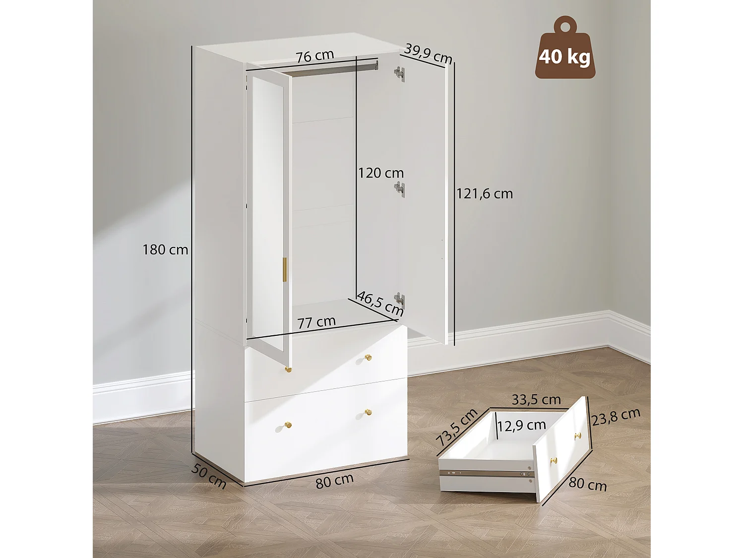 Armoire penderie design - miroir, 2 portes, 2 tiroirs - dim. 80 x 50 x 180 cm - doré blanc
