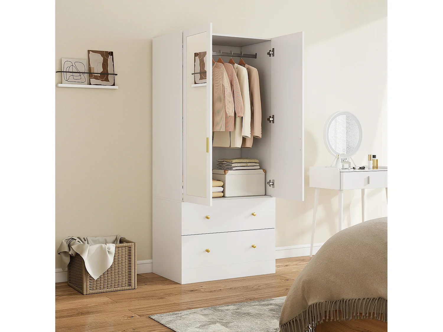 Armoire penderie design - miroir, 2 portes, 2 tiroirs - dim. 80 x 50 x 180 cm - doré blanc