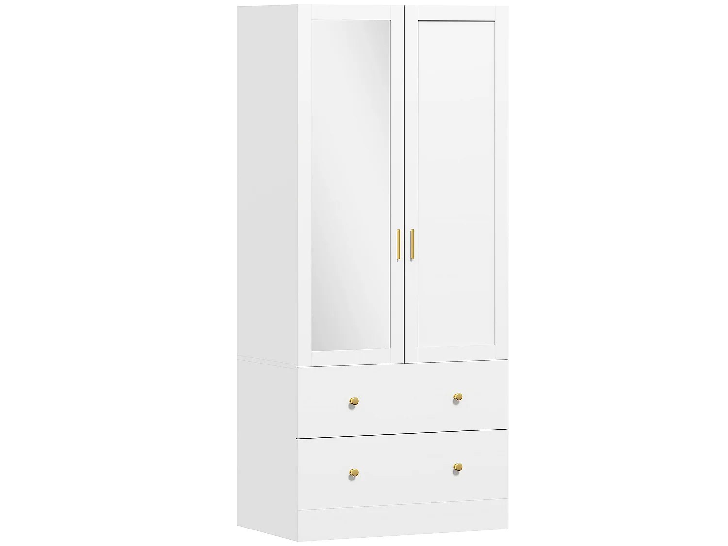 Armoire penderie design - miroir, 2 portes, 2 tiroirs - dim. 80 x 50 x 180 cm - doré blanc